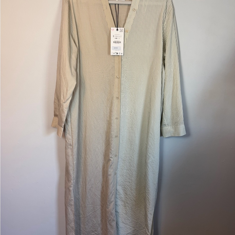 Zara cream beige v neck Striped Long Sleeve Button-Down Dress Sz S NWT $70